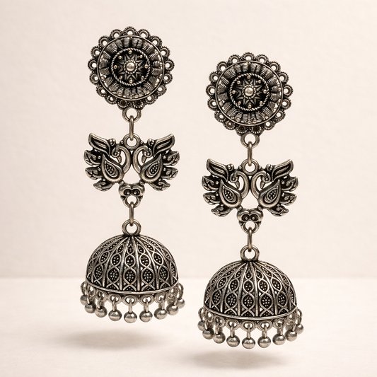 Oxidised Peacock Jhumka Earrings